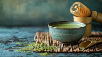 AI generated A Japanese matcha tea preparation, showcasing a vibrant green tea bowl and a bamboo whisk photo