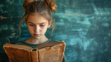 AI generated A girl intently reading a novel for her literature class, escaping into the world of words photo