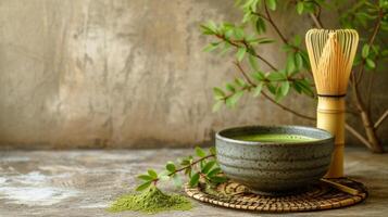 AI generated A Japanese matcha tea preparation, showcasing a vibrant green tea bowl and a bamboo whisk photo