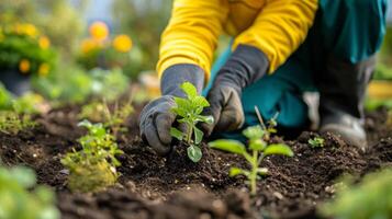 ai generado un apasionado paisajista plantando delicado plántulas con precisión en un bien cuidado jardín foto