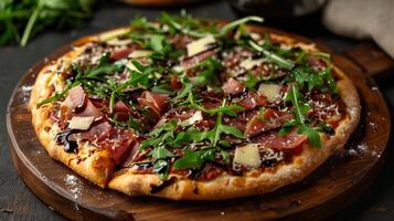AI generated A gourmet pizza topped with arugula, prosciutto, and shaved Parmesan photo