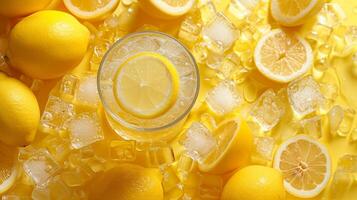 AI generated A pitcher filled with homemade lemonade surrounded by vibrant yellow lemons and ice cubes photo