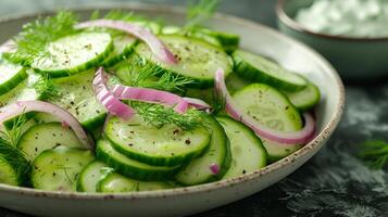 AI generated A refreshing cucumber salad with dill, red onion, and a yogurt-based dressing photo