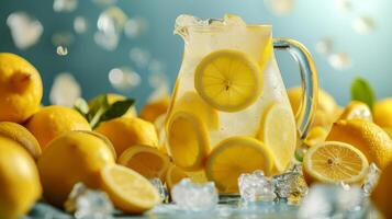 AI generated A pitcher filled with homemade lemonade surrounded by vibrant yellow lemons and ice cubes photo