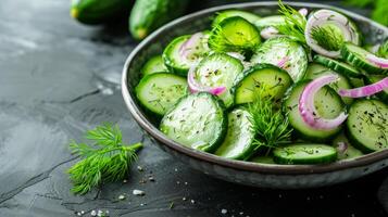 AI generated A refreshing cucumber salad with dill, red onion, and a yogurt-based dressing photo