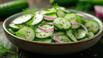 AI generated A refreshing cucumber salad with dill, red onion, and a yogurt-based dressing photo