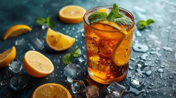 AI generated A refreshing iced tea garnished with lemon slices and mint leaves, condensation forming on the glass photo