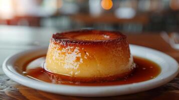 AI generated A rich and silky caramel flan with its caramelized top glistening under soft lighting photo