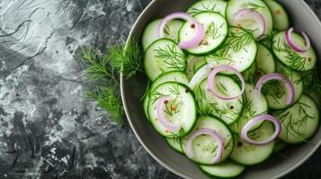 AI generated A refreshing cucumber salad with dill, red onion, and a yogurt-based dressing photo