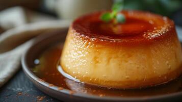 AI generated A rich and silky caramel flan with its caramelized top glistening under soft lighting photo