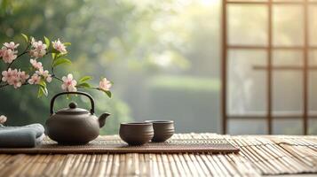 AI generated A serene tea ceremony, with a traditional Chinese teapot and cups on a wooden table photo