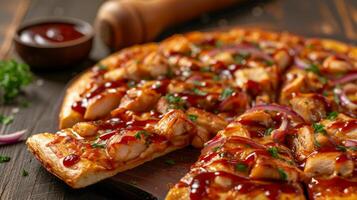 AI generated A slice of BBQ chicken pizza, adorned with tender chicken, barbecue sauce, and red onions photo