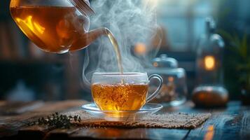 AI generated A rustic teapot pouring hot herbal tea into a glass cup, steam rising gracefully photo