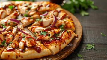 ai generado un rebanada de barbacoa pollo pizza, adornado con oferta pollo, parilla salsa, y rojo cebollas foto