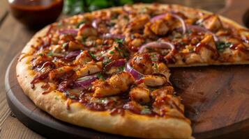 AI generated A slice of BBQ chicken pizza, adorned with tender chicken, barbecue sauce photo