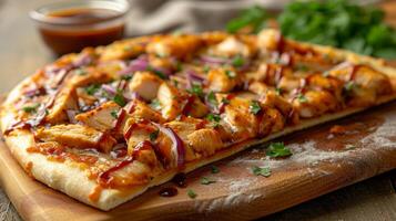 AI generated A slice of BBQ chicken pizza, adorned with tender chicken, barbecue sauce, and red onions photo