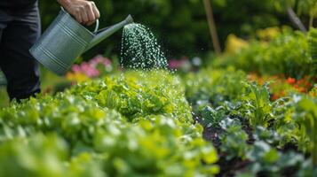 AI generated A skilled gardener gracefully watering a row of thriving vegetables in their backyard oasis photo