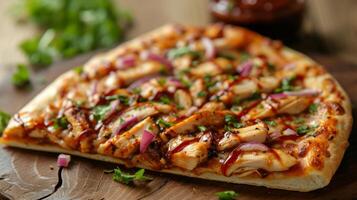 AI generated A slice of BBQ chicken pizza, adorned with tender chicken, barbecue sauce photo