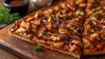 AI generated A slice of BBQ chicken pizza, adorned with tender chicken photo