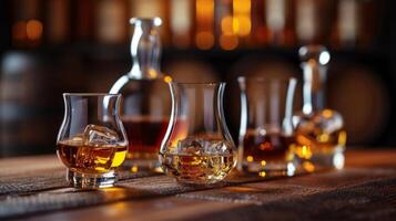 AI generated A sophisticated whiskey tasting setup with a variety of aged spirits and crystal glasses photo