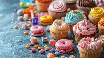 AI generated A table covered in sweet treats, cupcakes, and candies for a candy-themed birthday photo