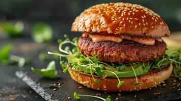 AI generated A vegan burger with a plant-based patty, avocado, sprouts, and a dollop of vegan mayo photo