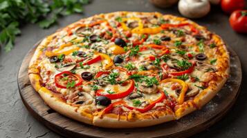 ai generado un vegetariano Pizza con vistoso campana pimientos, hongos, Olivos, y Derretido queso foto
