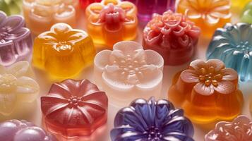 AI generated An artistic display of flower-shaped jelly molds, showcasing intricate details and vibrant colors photo