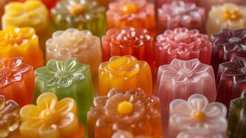 AI generated An artistic display of flower-shaped jelly molds, showcasing intricate details and vibrant colors photo