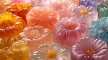 AI generated An artistic display of flower-shaped jelly molds, showcasing intricate details and vibrant colors photo