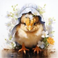 AI generated An endearing watercolor chick wearing a bonnet, nestled among spring blooms photo