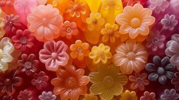 AI generated An artistic display of flower-shaped jelly molds, showcasing intricate details and vibrant colors photo