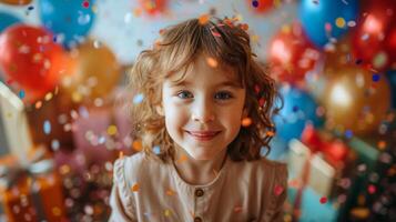 ai generado globos y papel picado que cae en un Encantado niño, rodeado por amigos y regalos foto