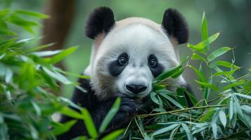 ai generado un panda fiestas en bambú hojas, exhibiendo sus voraz apetito foto