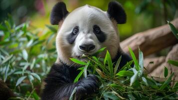 ai generado un panda fiestas en bambú hojas, exhibiendo sus voraz apetito foto