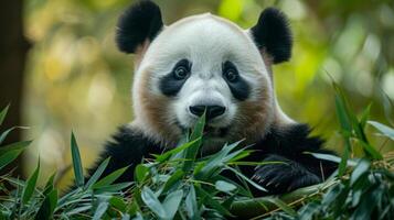 ai generado un panda fiestas en bambú hojas, exhibiendo sus voraz apetito foto