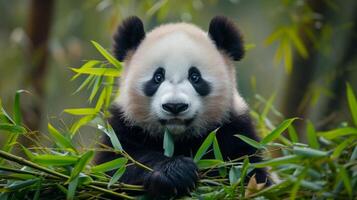 ai generado un panda fiestas en bambú hojas, exhibiendo sus voraz apetito foto