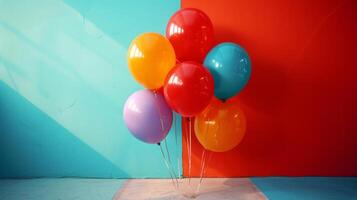 AI generated Bright, oversized balloons pop against a clean, colorful canvas, creating a cheerful party backdrop photo