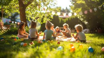 ai generado niños jugando juegos a un al aire libre cumpleaños fiesta en un iluminado por el sol patio interior foto