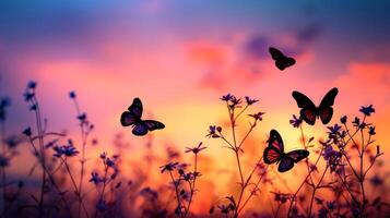 ai generado agraciado mariposa siluetas aleteo en contra un vívido, primavera lona foto