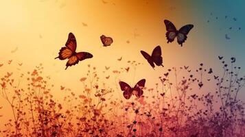 AI generated Graceful butterfly silhouettes flutter against a vivid, springtime canvas photo