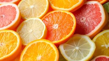 AI generated An assortment of sliced citrus fruits, exuding a tangy and invigorating aroma photo