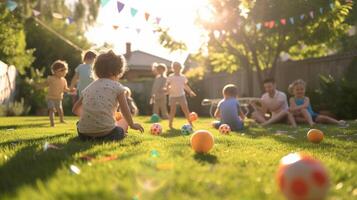 ai generado niños jugando juegos a un al aire libre cumpleaños fiesta en un iluminado por el sol patio interior foto