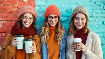 AI generated Chic coffee aficionados sip in style, capturing the moment with beaming smiles photo
