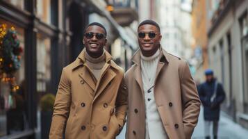 ai generado sumamente elegante joven hombres en el ciudad, exhibiendo su estilo con genuino sonrisas foto