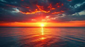 AI generated The horizon transforms into a fiery canvas as the sun dips below the water. photo