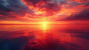 AI generated The horizon transforms into a fiery canvas as the sun dips below the water. photo