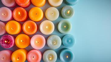 AI generated An array of colorful candles on a simple background adds warmth and charm to any event photo