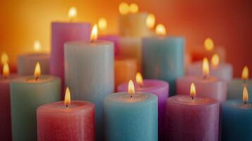 AI generated An array of colorful candles on a simple background adds warmth and charm to any event photo