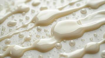 AI generated A close-up of milk droplets on a sleek, white surface, highlighting its silky texture. photo